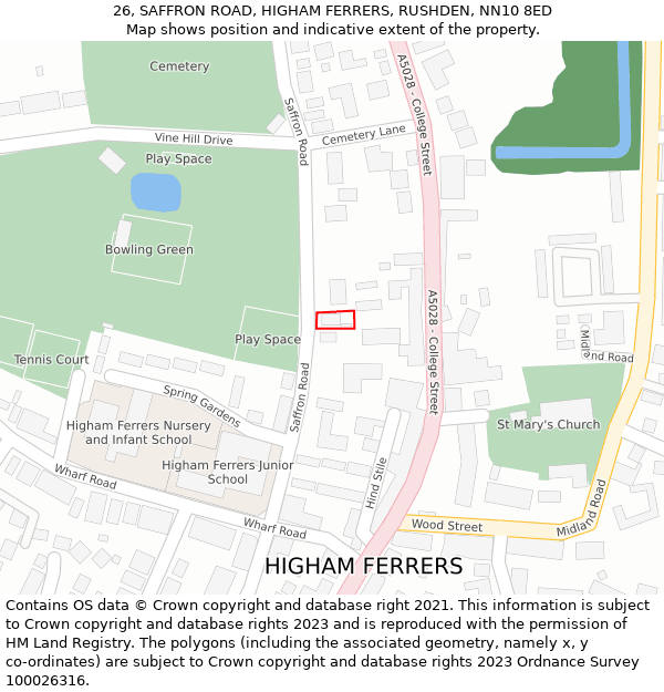 26, SAFFRON ROAD, HIGHAM FERRERS, RUSHDEN, NN10 8ED: Location map and indicative extent of plot