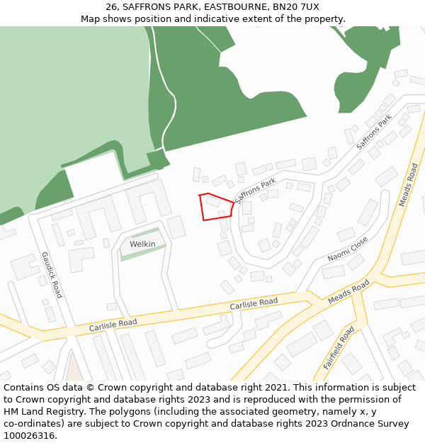 26, SAFFRONS PARK, EASTBOURNE, BN20 7UX: Location map and indicative extent of plot
