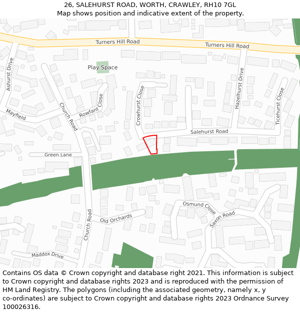 26, SALEHURST ROAD, WORTH, CRAWLEY, RH10 7GL: Location map and indicative extent of plot
