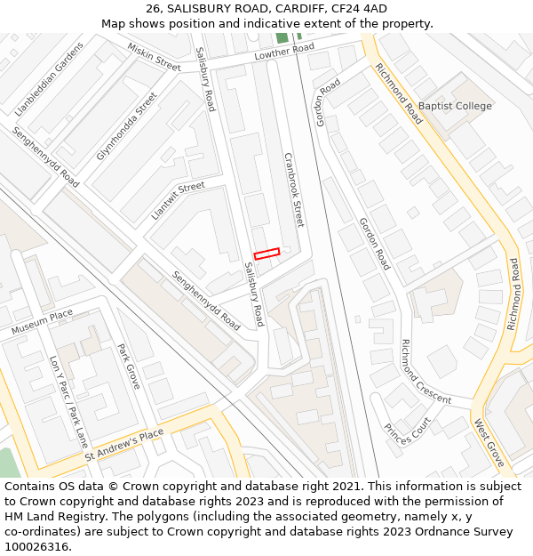 26, SALISBURY ROAD, CARDIFF, CF24 4AD: Location map and indicative extent of plot