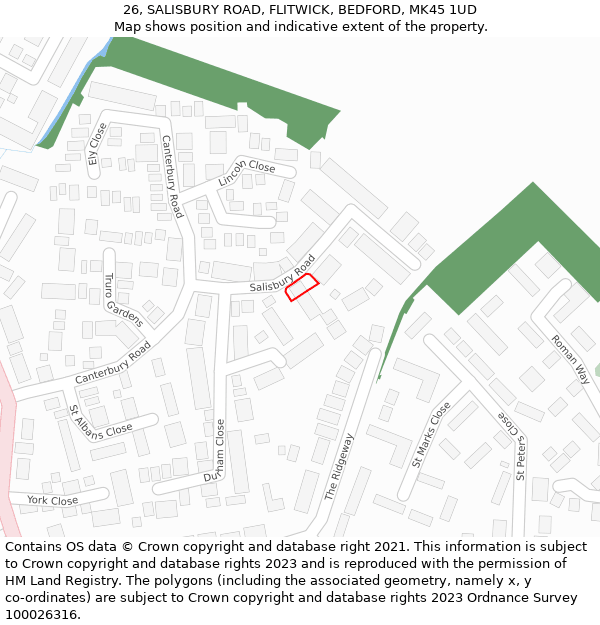 26, SALISBURY ROAD, FLITWICK, BEDFORD, MK45 1UD: Location map and indicative extent of plot