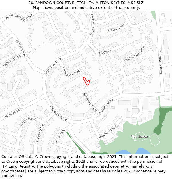 26, SANDOWN COURT, BLETCHLEY, MILTON KEYNES, MK3 5LZ: Location map and indicative extent of plot