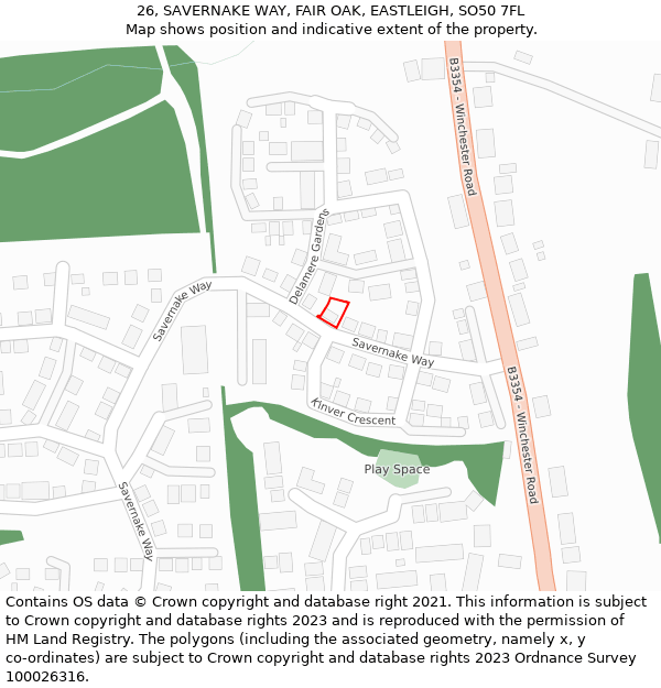 26, SAVERNAKE WAY, FAIR OAK, EASTLEIGH, SO50 7FL: Location map and indicative extent of plot