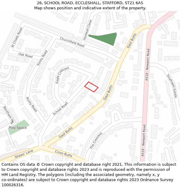 26, SCHOOL ROAD, ECCLESHALL, STAFFORD, ST21 6AS: Location map and indicative extent of plot