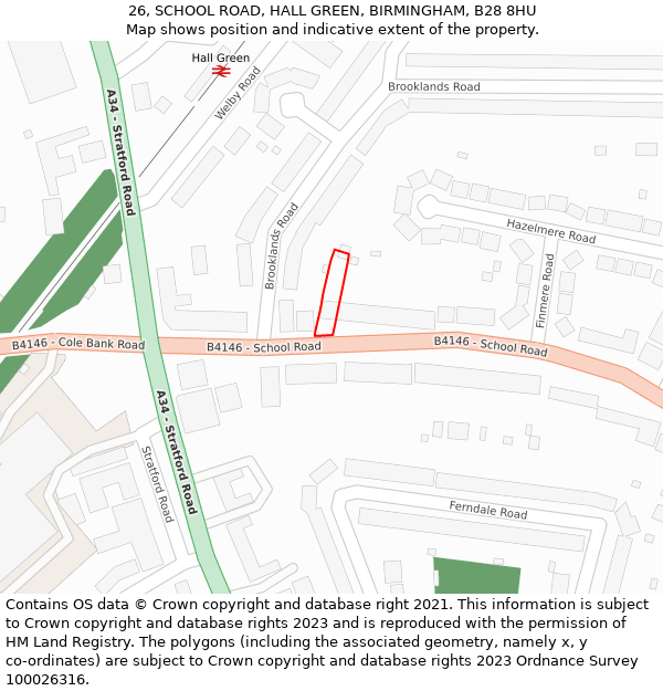 26, SCHOOL ROAD, HALL GREEN, BIRMINGHAM, B28 8HU: Location map and indicative extent of plot