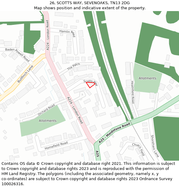 26, SCOTTS WAY, SEVENOAKS, TN13 2DG: Location map and indicative extent of plot