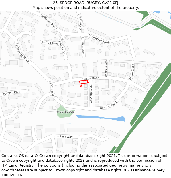 26, SEDGE ROAD, RUGBY, CV23 0FJ: Location map and indicative extent of plot