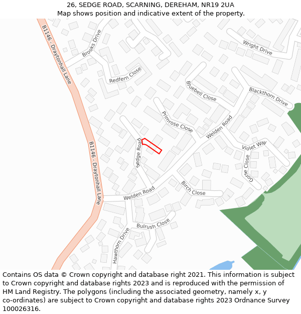 26, SEDGE ROAD, SCARNING, DEREHAM, NR19 2UA: Location map and indicative extent of plot