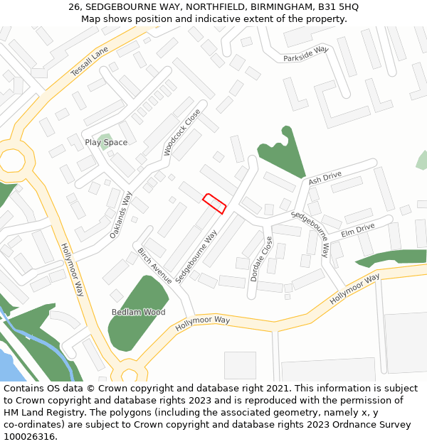 26, SEDGEBOURNE WAY, NORTHFIELD, BIRMINGHAM, B31 5HQ: Location map and indicative extent of plot