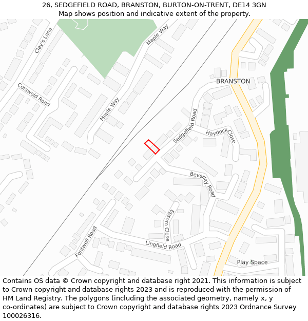 26, SEDGEFIELD ROAD, BRANSTON, BURTON-ON-TRENT, DE14 3GN: Location map and indicative extent of plot