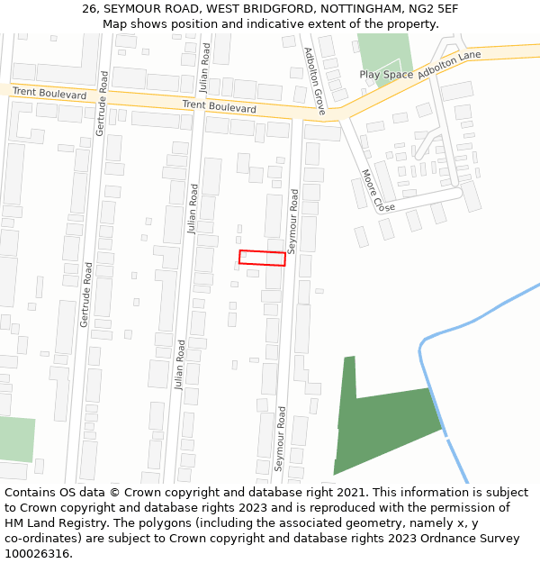 26, SEYMOUR ROAD, WEST BRIDGFORD, NOTTINGHAM, NG2 5EF: Location map and indicative extent of plot