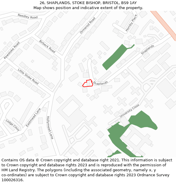 26, SHAPLANDS, STOKE BISHOP, BRISTOL, BS9 1AY: Location map and indicative extent of plot