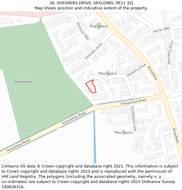 26, SHEARERS DRIVE, SPALDING, PE11 3ZJ: Location map and indicative extent of plot