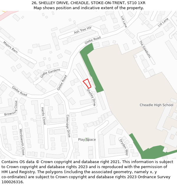 26, SHELLEY DRIVE, CHEADLE, STOKE-ON-TRENT, ST10 1XR: Location map and indicative extent of plot
