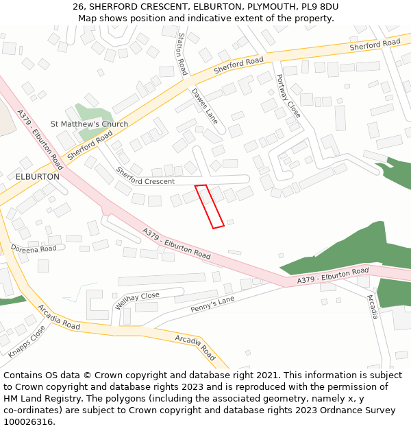 26, SHERFORD CRESCENT, ELBURTON, PLYMOUTH, PL9 8DU: Location map and indicative extent of plot