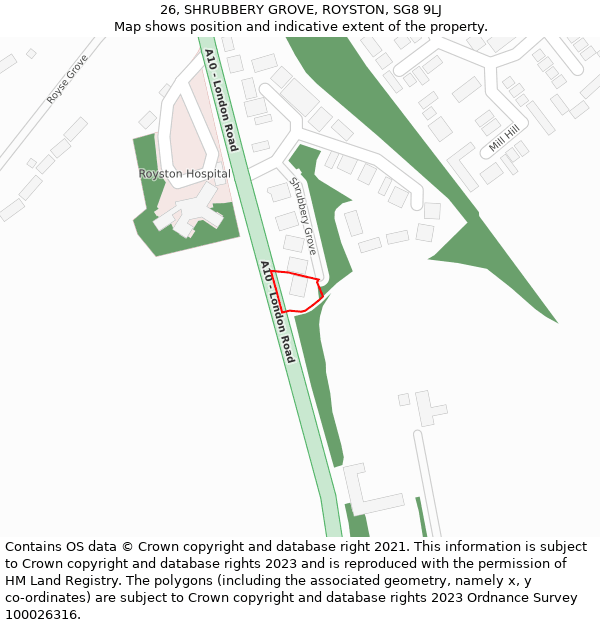 26, SHRUBBERY GROVE, ROYSTON, SG8 9LJ: Location map and indicative extent of plot