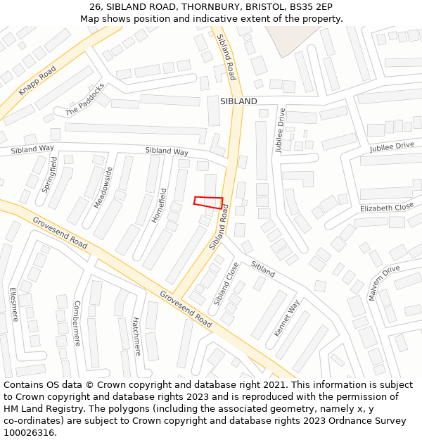 26, SIBLAND ROAD, THORNBURY, BRISTOL, BS35 2EP: Location map and indicative extent of plot