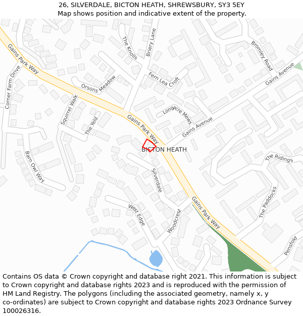 26, SILVERDALE, BICTON HEATH, SHREWSBURY, SY3 5EY: Location map and indicative extent of plot