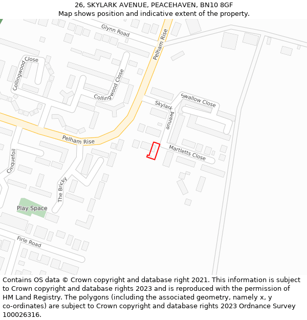 26, SKYLARK AVENUE, PEACEHAVEN, BN10 8GF: Location map and indicative extent of plot