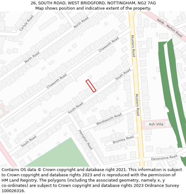 26, SOUTH ROAD, WEST BRIDGFORD, NOTTINGHAM, NG2 7AG: Location map and indicative extent of plot