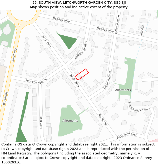 26, SOUTH VIEW, LETCHWORTH GARDEN CITY, SG6 3JJ: Location map and indicative extent of plot