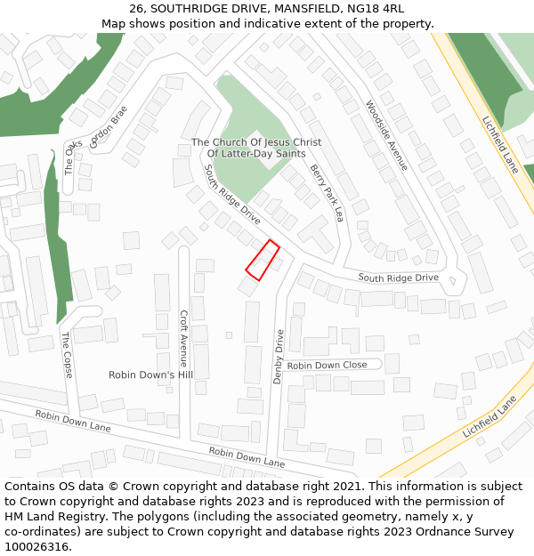 26, SOUTHRIDGE DRIVE, MANSFIELD, NG18 4RL: Location map and indicative extent of plot