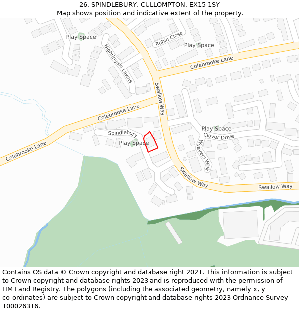 26, SPINDLEBURY, CULLOMPTON, EX15 1SY: Location map and indicative extent of plot