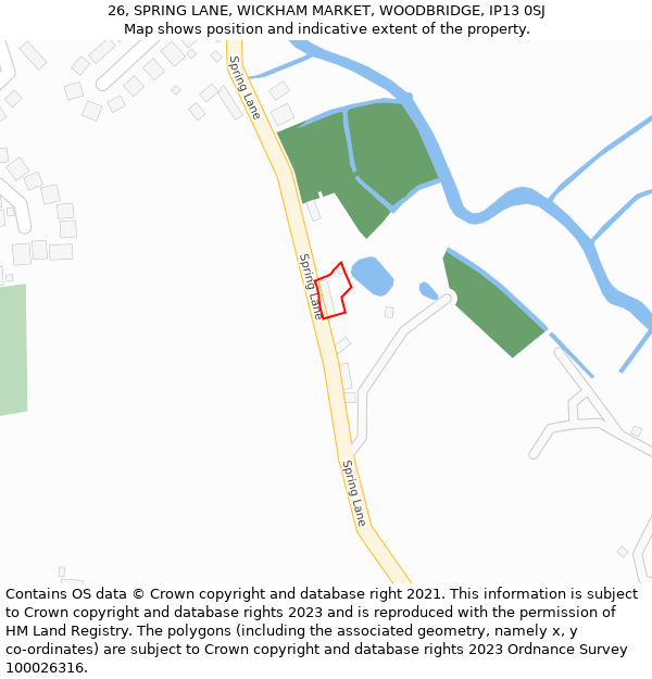26, SPRING LANE, WICKHAM MARKET, WOODBRIDGE, IP13 0SJ: Location map and indicative extent of plot