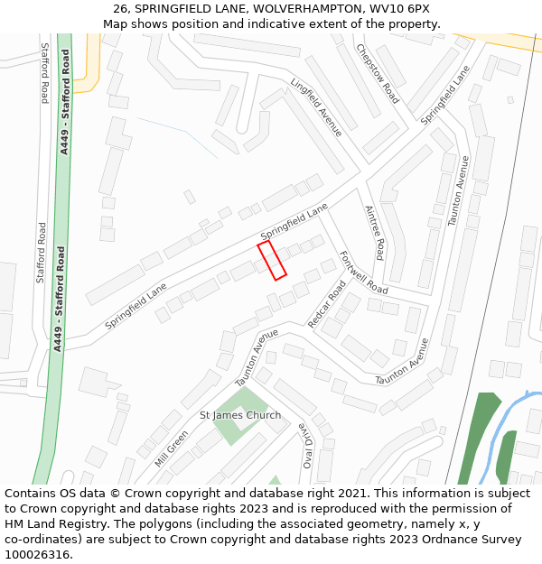 26, SPRINGFIELD LANE, WOLVERHAMPTON, WV10 6PX: Location map and indicative extent of plot