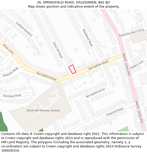 26, SPRINGFIELD ROAD, HALESOWEN, B62 8JY: Location map and indicative extent of plot