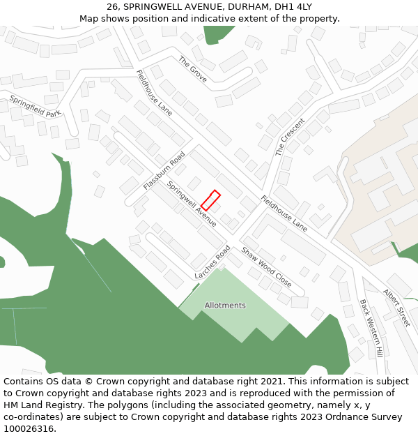 26, SPRINGWELL AVENUE, DURHAM, DH1 4LY: Location map and indicative extent of plot