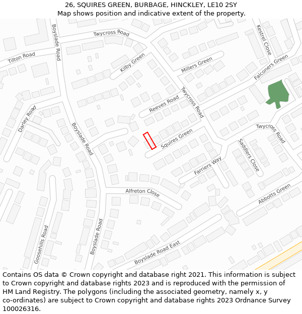 26, SQUIRES GREEN, BURBAGE, HINCKLEY, LE10 2SY: Location map and indicative extent of plot