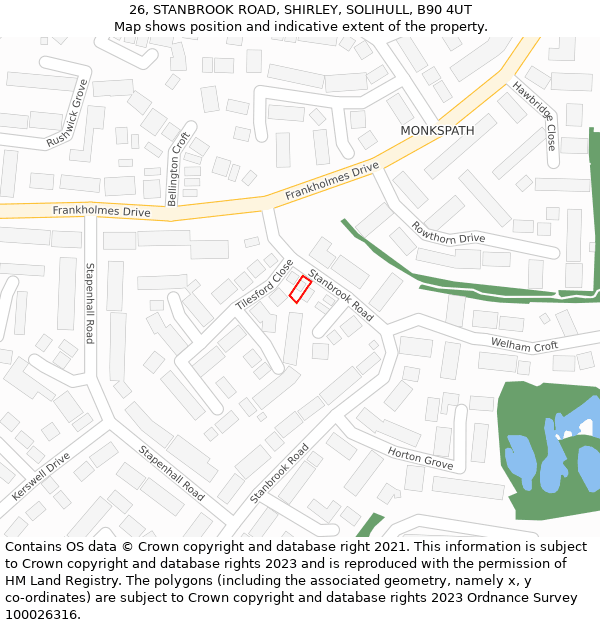 26, STANBROOK ROAD, SHIRLEY, SOLIHULL, B90 4UT: Location map and indicative extent of plot