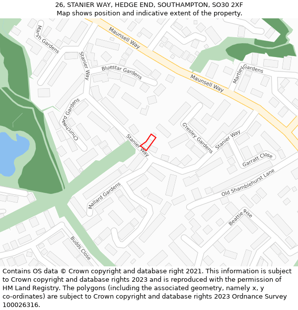 26, STANIER WAY, HEDGE END, SOUTHAMPTON, SO30 2XF: Location map and indicative extent of plot