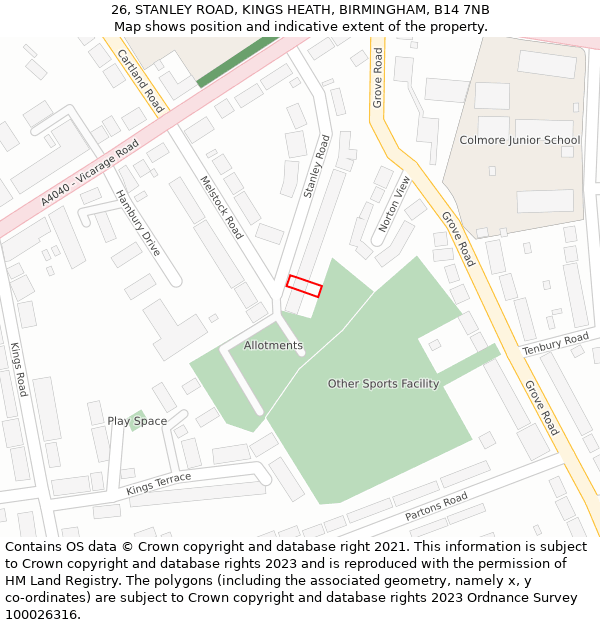 26, STANLEY ROAD, KINGS HEATH, BIRMINGHAM, B14 7NB: Location map and indicative extent of plot