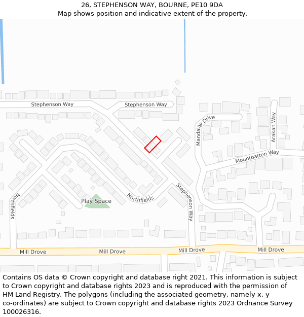 26, STEPHENSON WAY, BOURNE, PE10 9DA: Location map and indicative extent of plot