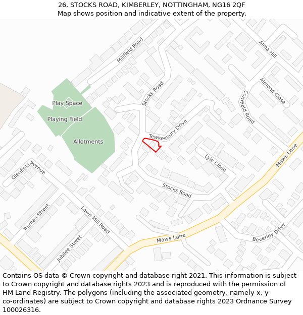 26, STOCKS ROAD, KIMBERLEY, NOTTINGHAM, NG16 2QF: Location map and indicative extent of plot