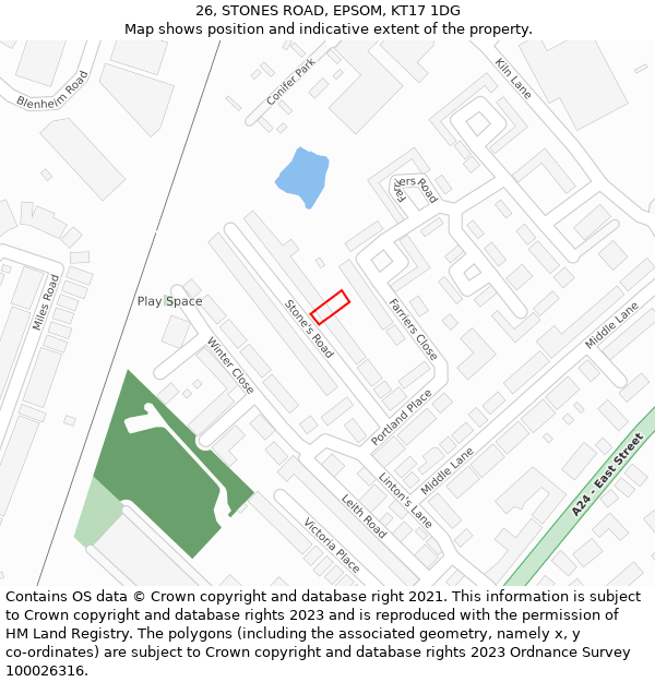 26, STONES ROAD, EPSOM, KT17 1DG: Location map and indicative extent of plot