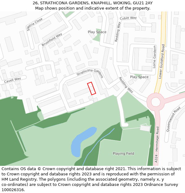 26, STRATHCONA GARDENS, KNAPHILL, WOKING, GU21 2AY: Location map and indicative extent of plot