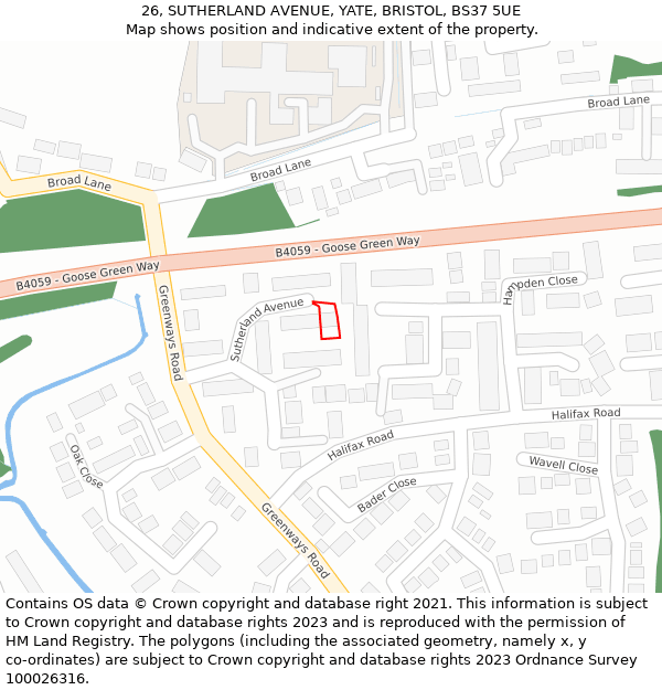 26, SUTHERLAND AVENUE, YATE, BRISTOL, BS37 5UE: Location map and indicative extent of plot