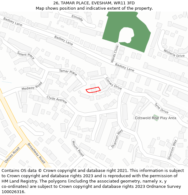 26, TAMAR PLACE, EVESHAM, WR11 3FD: Location map and indicative extent of plot
