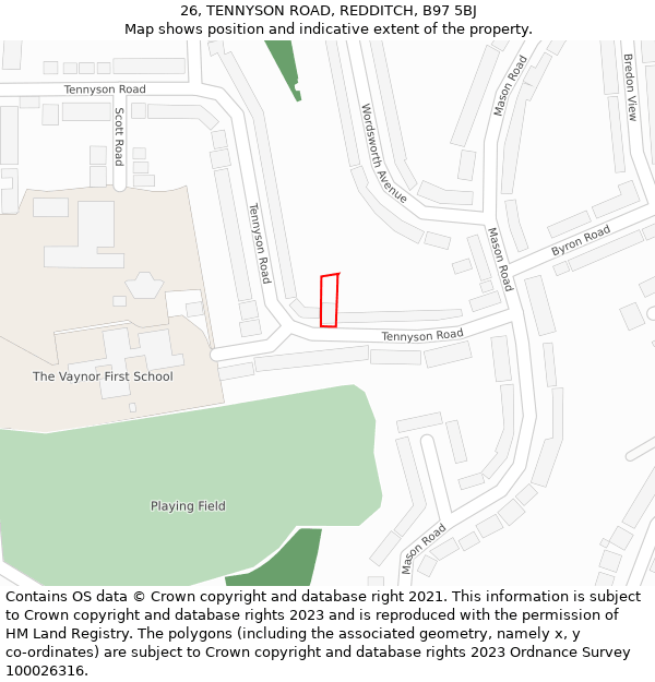 26, TENNYSON ROAD, REDDITCH, B97 5BJ: Location map and indicative extent of plot