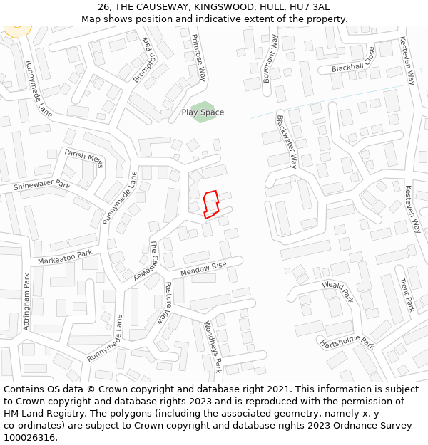 26, THE CAUSEWAY, KINGSWOOD, HULL, HU7 3AL: Location map and indicative extent of plot