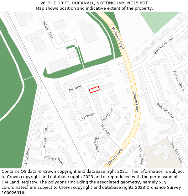 26, THE DRIFT, HUCKNALL, NOTTINGHAM, NG15 8DT: Location map and indicative extent of plot