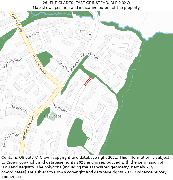 26, THE GLADES, EAST GRINSTEAD, RH19 3XW: Location map and indicative extent of plot