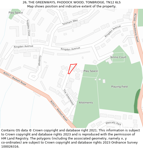 26, THE GREENWAYS, PADDOCK WOOD, TONBRIDGE, TN12 6LS: Location map and indicative extent of plot