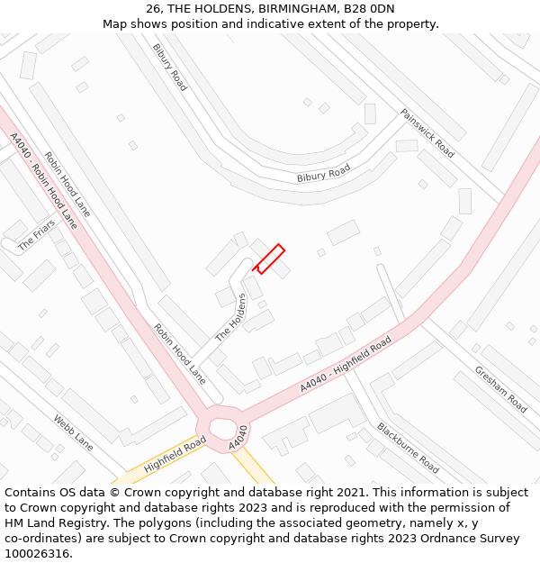 26, THE HOLDENS, BIRMINGHAM, B28 0DN: Location map and indicative extent of plot