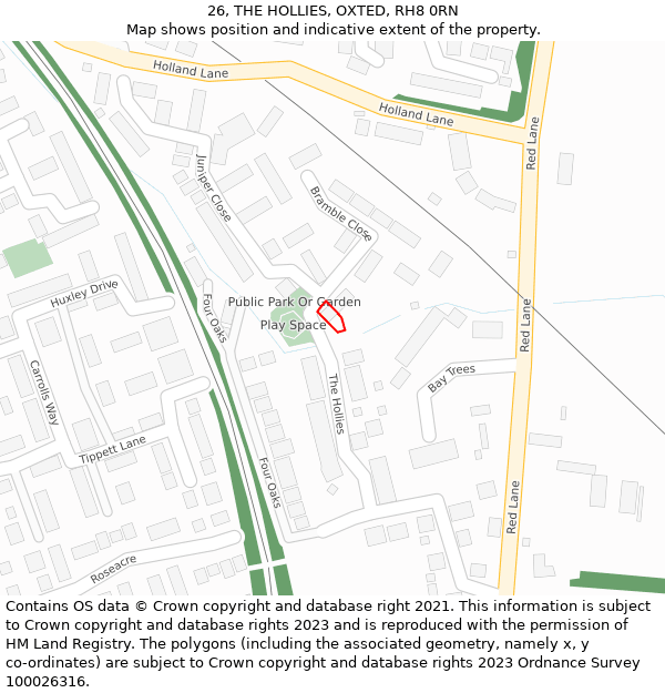 26, THE HOLLIES, OXTED, RH8 0RN: Location map and indicative extent of plot