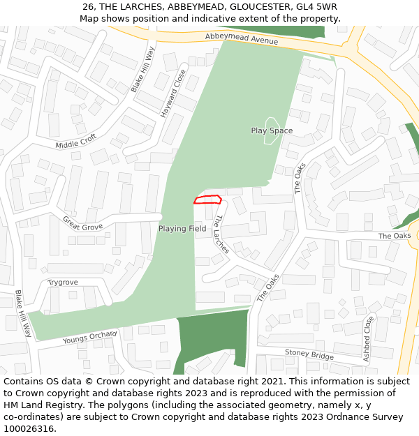 26, THE LARCHES, ABBEYMEAD, GLOUCESTER, GL4 5WR: Location map and indicative extent of plot