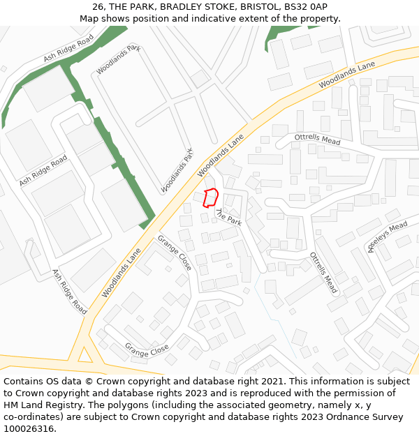 26, THE PARK, BRADLEY STOKE, BRISTOL, BS32 0AP: Location map and indicative extent of plot